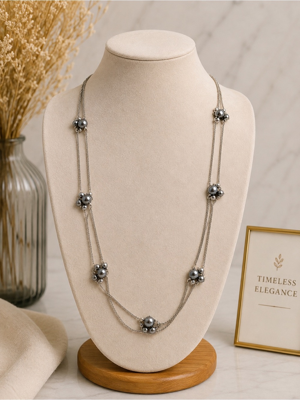 Vintage Monet Silver Tone Multi Strand Gray Faux Pearl Cluster Station‎ Necklace